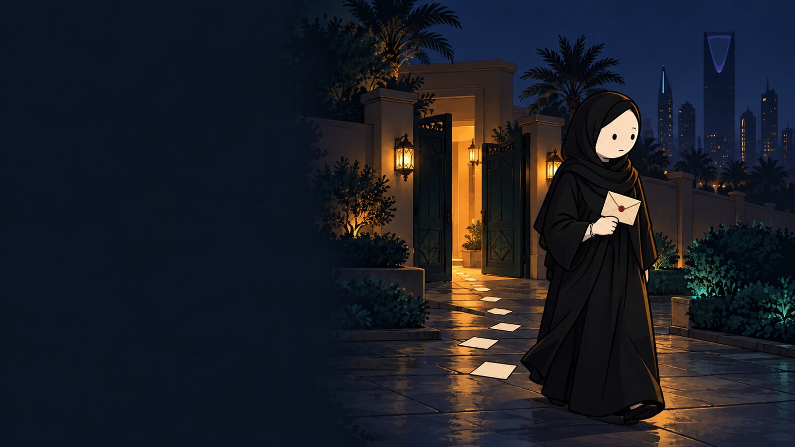 نورة تطلع من بوابة الفيلا ليلًا والظرف بيدها؛ طرف ورقة الوصية ظاهر منه
